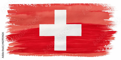 Abstract Watercolor Swiss Flag with Bold White Cross on Red Brush Strokes
Artistic Swiss Flag Watercolor Painting with Expressive Red Brush Strokes