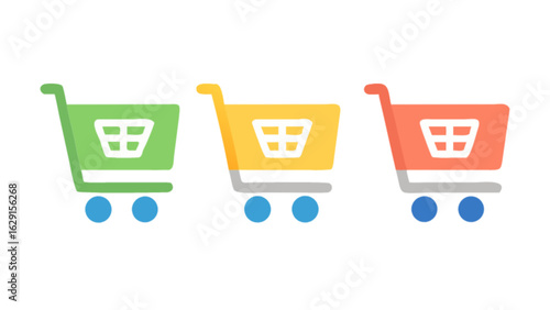Three colorful shopping carts lined up in a row on a white background with blue wheels shown