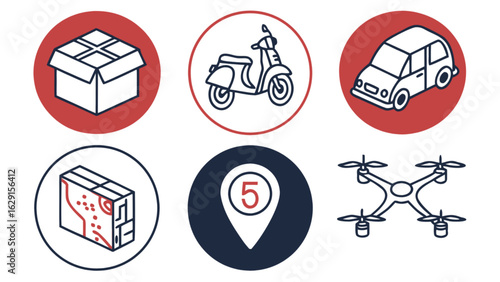 Illustration showing various delivery methods including box scooter car package location and drone icons