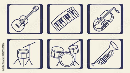 Illustration of musical instruments including a guitar keyboard violin drums and a trumpet in frames