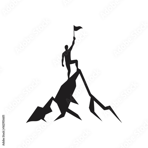 flag on mountain peak silhouette vector icon illustration on white background minimalist flat black bold