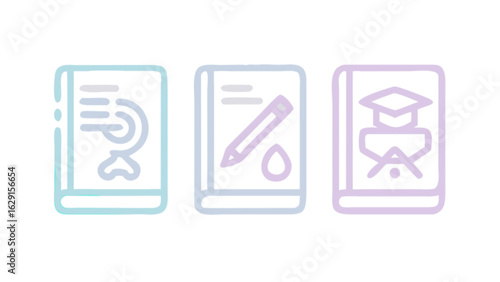 Three books with different subject icons representing different fields of study in soft colors