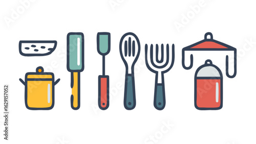 Illustration showcasing various kitchen utensils including a pot, spatula, spoon, and other cooking tools