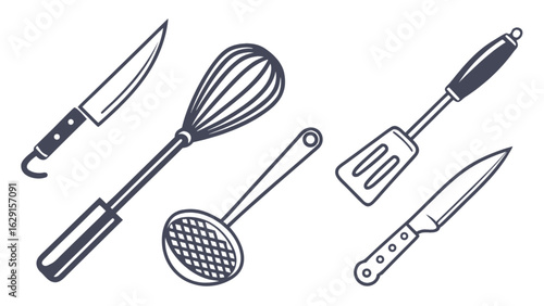 Illustration of kitchen tools including knives whisk slotted spoon and spatula in black and white style