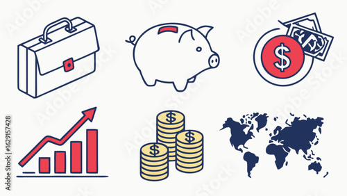 Illustration of a briefcase piggy bank money chart and world map representing business and finance topics