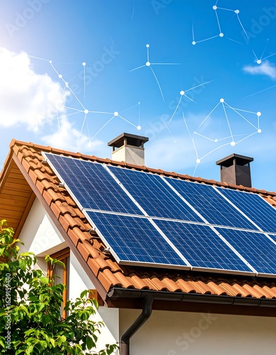 Solar panels on a house roof under a clear blue sky