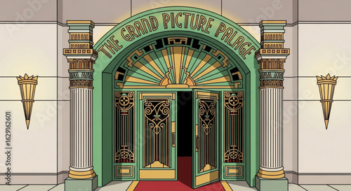 Grand picture palace entrance art deco building architecture design movie theater vintage illustration
