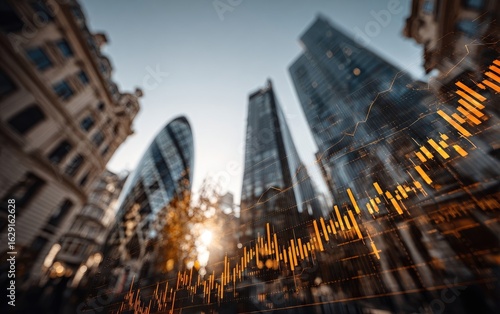 City skyline overlaid with financial data