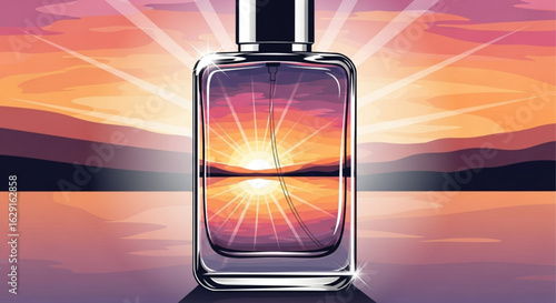 Perfume bottle sunset reflection fragrance aroma scent beauty cosmetic fashion product luxury design art