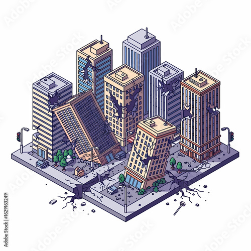 An isometric illustration depicting a city block after an earthquake, with severely damaged buildings and cracked roads