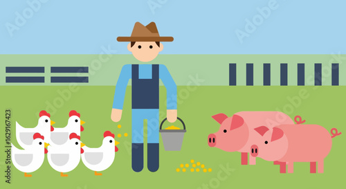 Stylized Flat Illustration of Farmer Feeding Chicken and Pigs Animals