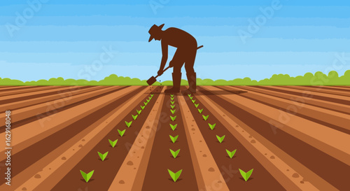 Flat Style Farmer Planting Seedlings in the Field Agriculture Illustration