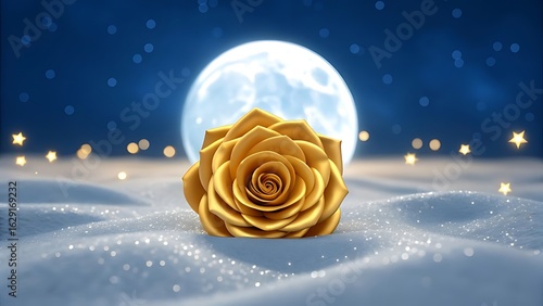 Golden rose in snow under a full moon with twinkling lights in the background