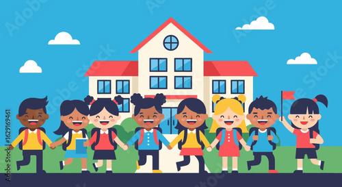 Flat Illustration Diverse Elementary School Children Walking to School Together