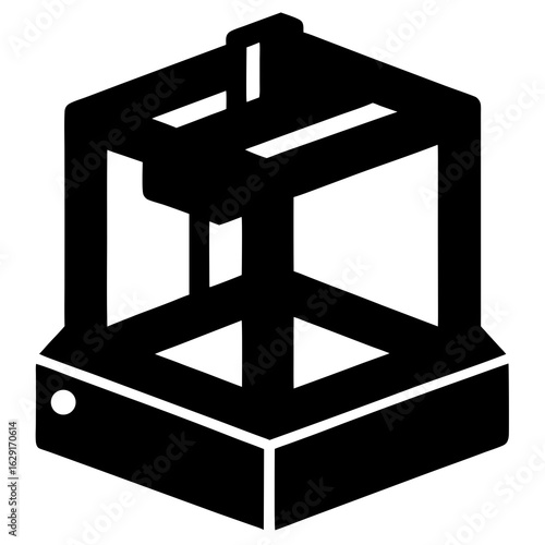 Stylized black icon representing a 3d printer with a cubic frame and a base