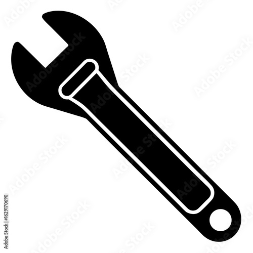 A simple black silhouette of an adjustable wrench isolated on a white background representing a tool
