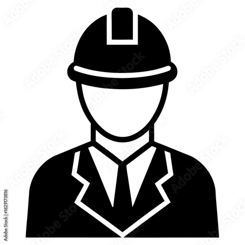 Stylized black silhouette icon of a professional person wearing a hard hat and suit with tie
