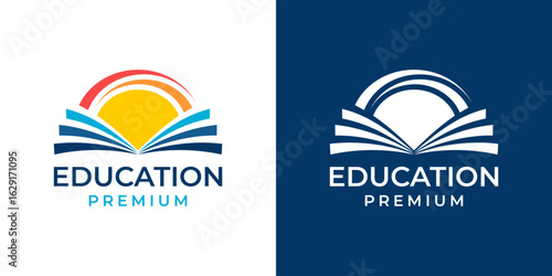 Open Book Logo Design Vector Template. Book Education Creative Logo with Sun Icon Symbol Design Template Vector. Logo Design Template of Book, Education, Hat, Sun. 1.eps