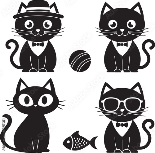 Collection of dapper black cat characters with bow ties and accessories