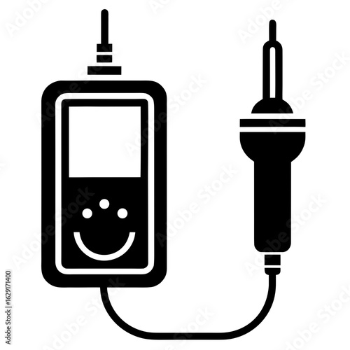 Icon of a soldering iron connected to a device with a screen and a smiley face graphic