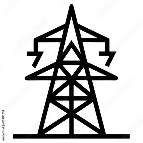 Simple black outline icon of a tall electricity pylon supporting power lines against a white background