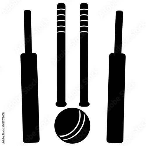 Simple black silhouette of a cricket bat stumps and ball on a white background