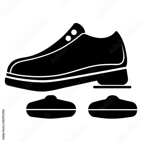 Simple black silhouette of a classic oxford shoe with two separate shoe inserts or orthotics
