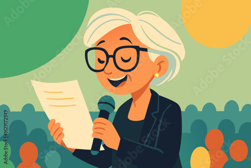 Cartoon-style senior woman with white hair and glasses speaking into a microphone while reading from a paper in front of an audience. Concept of public speaking, leadership and communication
