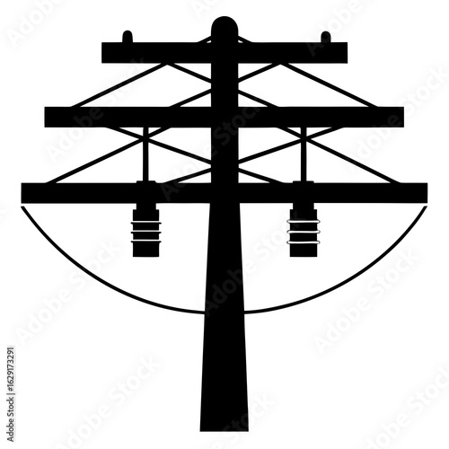 Black silhouette of a utility pole with multiple crossbars and hanging insulators supporting overhead wires