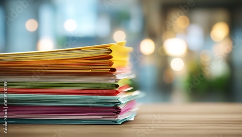 Colorful File Folders Stacked on a Wooden Desk with Soft Bokeh Background Lights