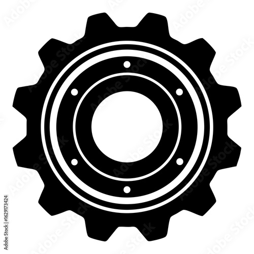 A detailed black silhouette of a mechanical gear with a central bearing and white circular accents on a clean white background