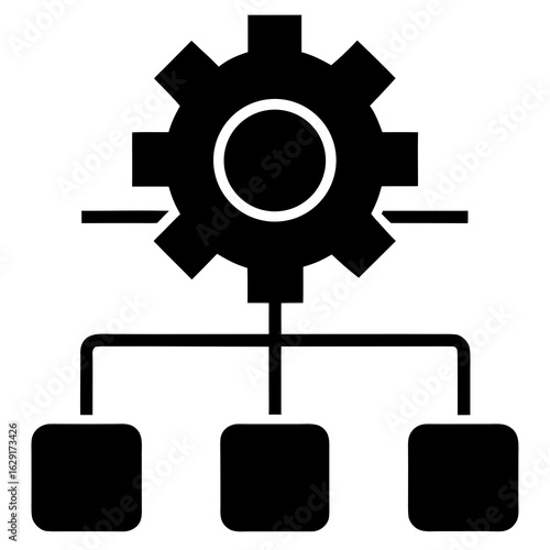Black silhouette of a gear connected to a flowchart with three connected boxes representing a process