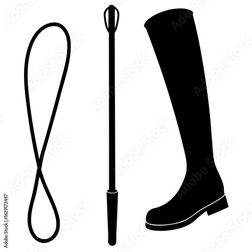 Black silhouette of equestrian equipment including a riding crop a shoehorn and a tall riding boot