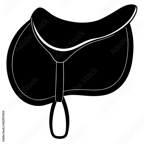 Classic black silhouette of a horse riding saddle with white outline on a white background