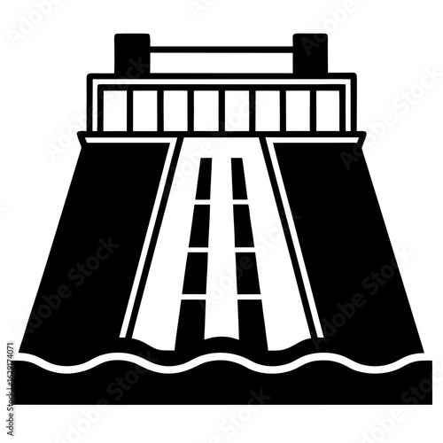 Stylized black and white graphic illustration of a hydroelectric dam with water flowing through spillways into a body of water