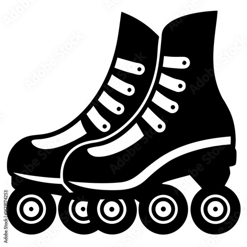 Classic black and white icon illustration of a pair of roller skates on a white background