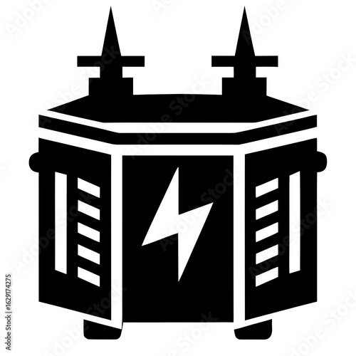 Stylized black silhouette of an electrical transformer with a lightning bolt symbol on its side