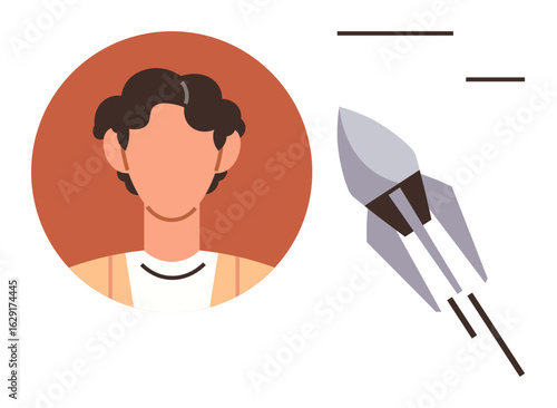 Minimalist portrait of a person with a rocket flying upward, signifying growth, exploration, success, and creative thinking. Ideal for startups, innovation, business growth, individuality