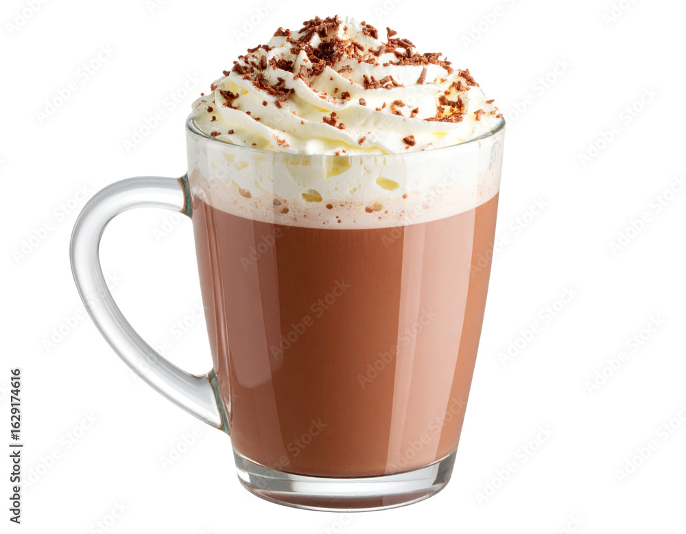 Classic Hot Cocoa in Glass Mug with Whipped Cream and Chocolate Shavings, Front View, Isolated on Transparent Background Classic Hot Cocoa in Glass Mug with Whipped Cream and Chocolate Shavings, Front View, Isolated on Transparent Background