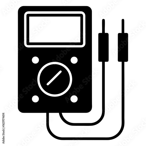 A simple black and white icon of a digital multimeter with two leads and a dial for measuring electrical properties