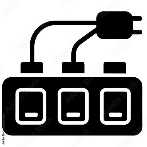 Black silhouette icon of a power strip with three individual switches and a connected plug