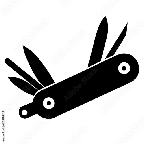 Black silhouette of a multi tool pocket knife with multiple blades and tools extended on a white background