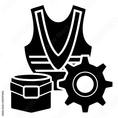 Black silhouette icon representing safety vest gear and a tool belt for construction and industrial work