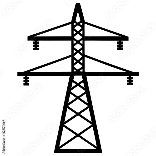 Simple black silhouette of an electricity pylon or high voltage power line tower against a white background
