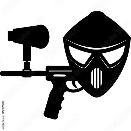Black silhouette of a paintball gun and protective mask with hopper for sports and gaming