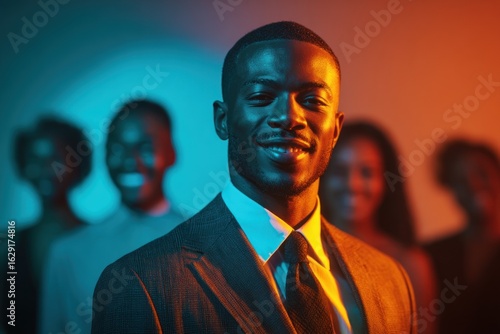 Confident Black Businessman Leading Team in Vibrant Teal and Orange Light
