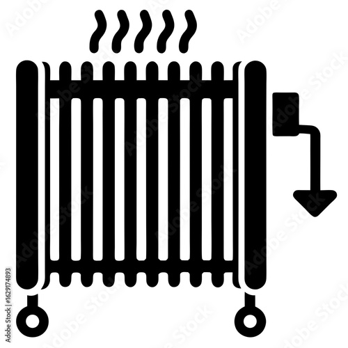 Black silhouette icon of a portable oil filled radiator heater with steam rising and a temperature control dial