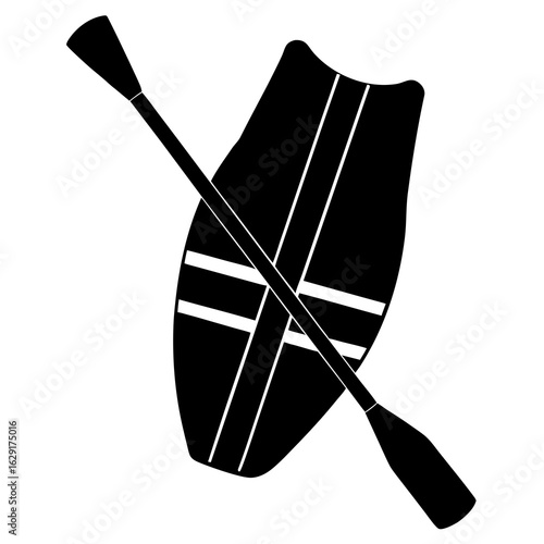 Black silhouette of a paddle crossed over a surfboard with white stripes on a white background