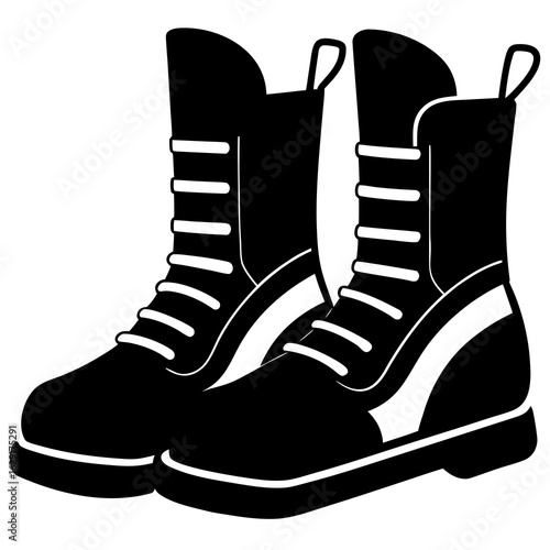 A pair of black combat boots with white laces and a white stripe detail on a white background