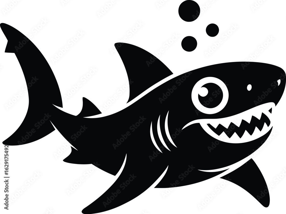 Fototapeta premium Black shark with sharp teeth and bubbles white ocean